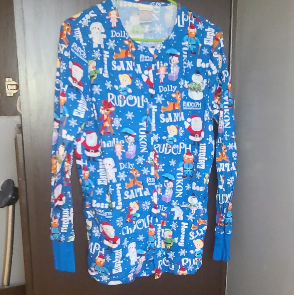 Rudolph Christmas button up scrub jacket